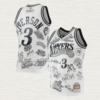 Camiseta Allen Iverson NO 3 Philadelphia 76ers Mitchell & Ness Tattoo 1997-98 Blanco