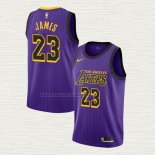 Camiseta Lebron James NO 23 Los Angeles Lakers Ciudad 2018 Violeta
